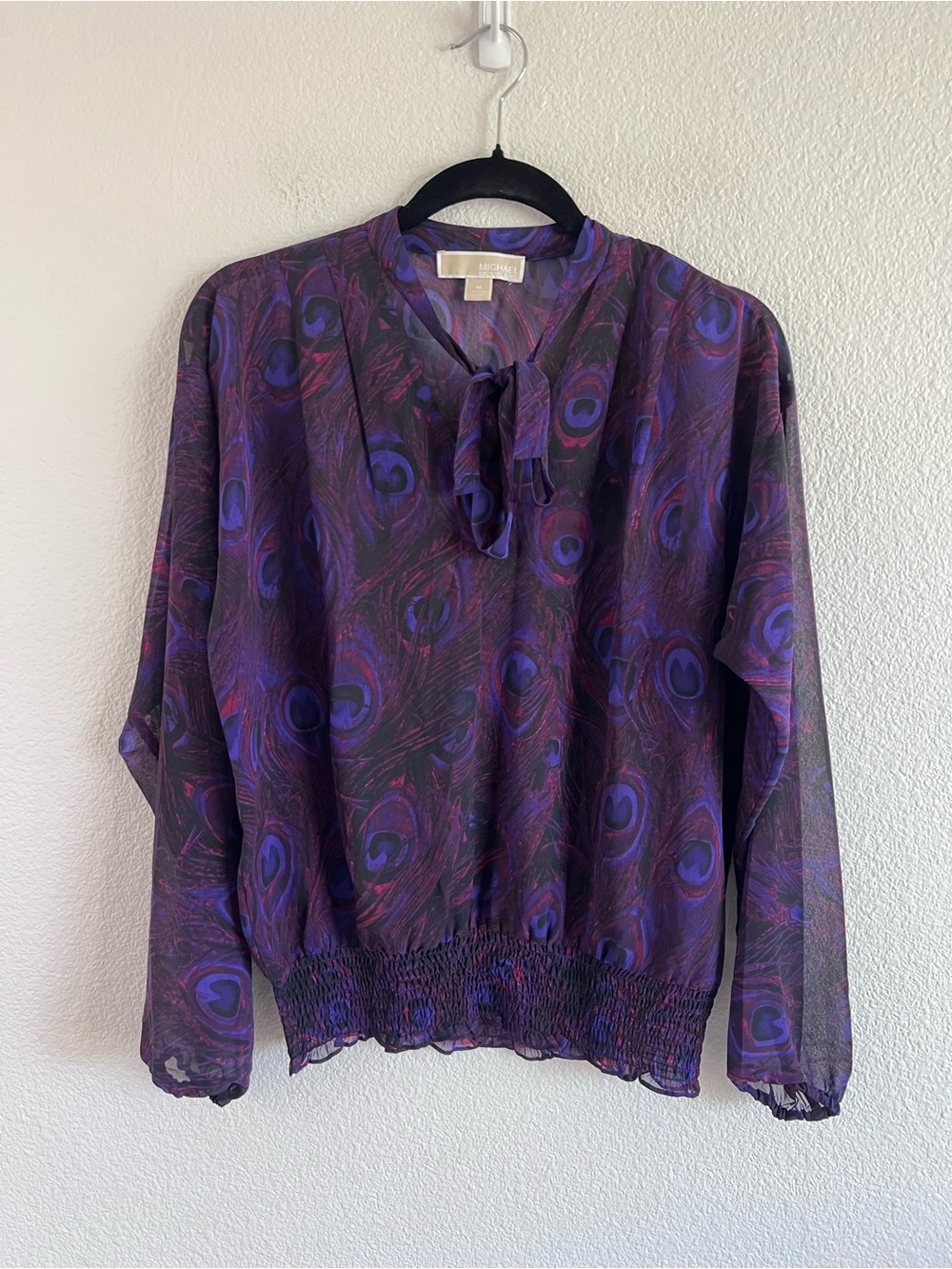 Michael Kors Chiffon Sheer Peacock Print Tie Neck Blouse Purple Med